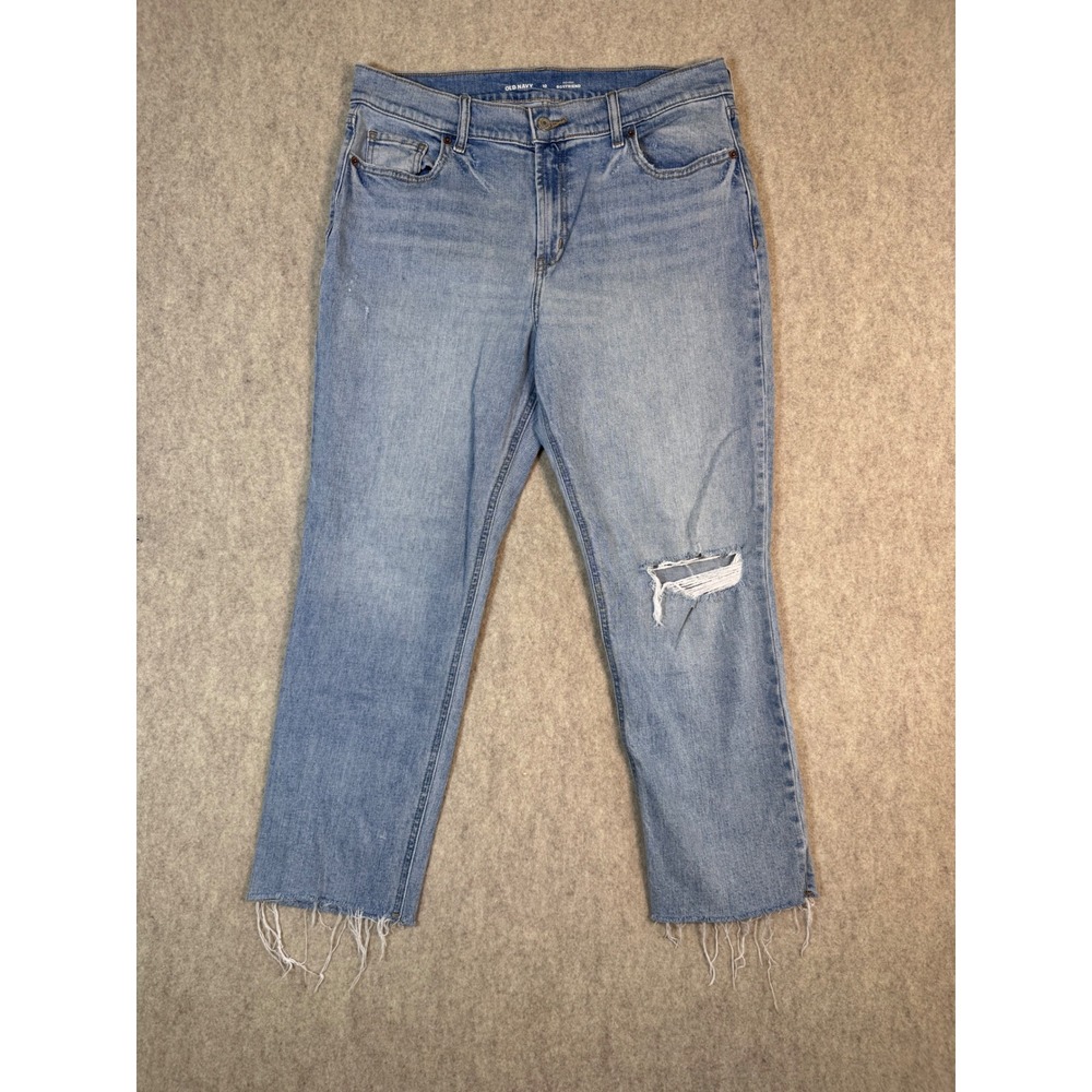 Old Navy Mid-Rise Boyfriend Jeans Light Wash Distressed Raw Hem Womens 10